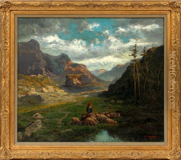 Italian Mountain Landscape With Shepherd Oil Painting - John (Giovanni) Califano