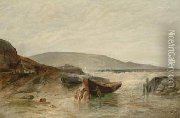 Boats In A Cove At Low Tide Oil Painting - James Vivien de Fleury