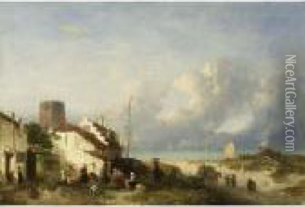 A Fishing Village In The Dunes Oil Painting - Salomon Leonardus Verveer