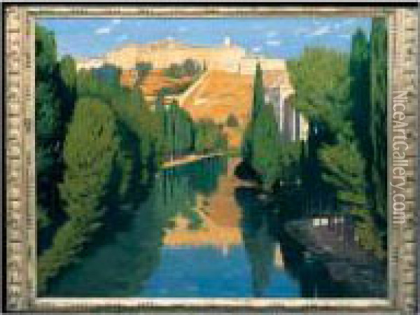 Una Vista Del Rio Jucar, Cuenca (view Along The River Jucar, Cuenca) Oil Painting - Santiago Rusinol i Prats