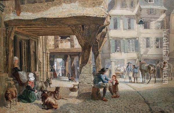 A Market Square In Brittany Oil Painting - Samuel John Hodson
