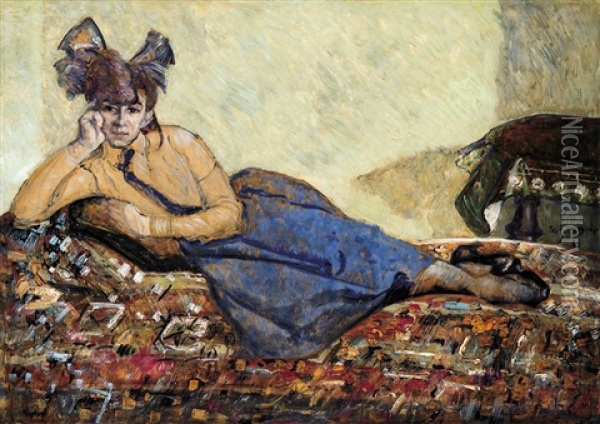 Lying Girl With Bow In Her Hair Oil Painting - Hugo Scheiber