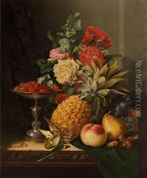Still Life With A Pineapple, Roses, Carnations, Cob Nuts, Peaches, A Pear, Black Grapes, Raspberries On A Parcel Gilt Tazza With A Parcel Gilt Casket On A Table Oil Painting - Edward Ladell