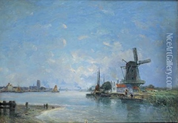Paysage Au Moulin, Hollande Oil Painting - Gaston Marie Anatole Roullet