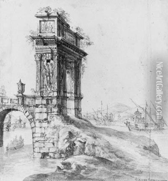 A Bridge With A Classical Arch By A Mediterranean Harbour With Shipping Beyond Oil Painting - Jan Abrahamsz. Beerstraaten