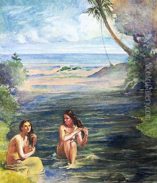 Women Bathing In Papara Riiver Oil Painting - John La Farge