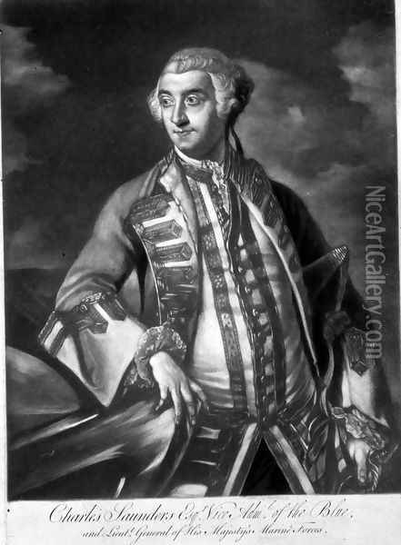 Portrait of Admiral Sir Charles Saunders c.1713-75 Vice-Admiral of the Blue squadron, engraved by James McArdell c.1729-65 Oil Painting - Sir Joshua Reynolds