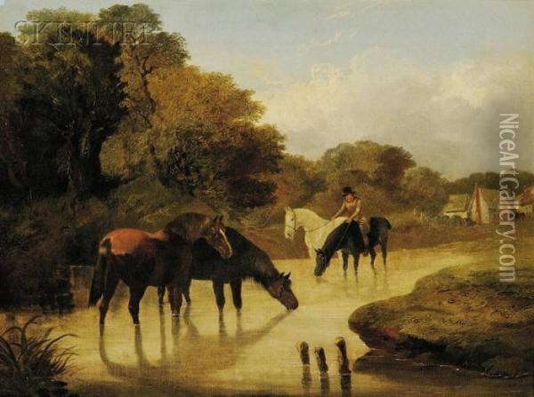 Horses Watering By The River Bend Oil Painting - John Frederick Herring Snr