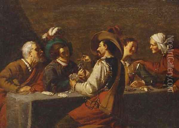 A soldier and others playing cards and drinking in a tavern interior Oil Painting - Theodoor Rombouts