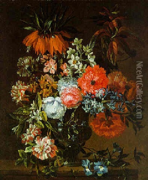 Blumenstraus In Einer Glasvase Oil Painting - Jean-Baptiste Monnoyer