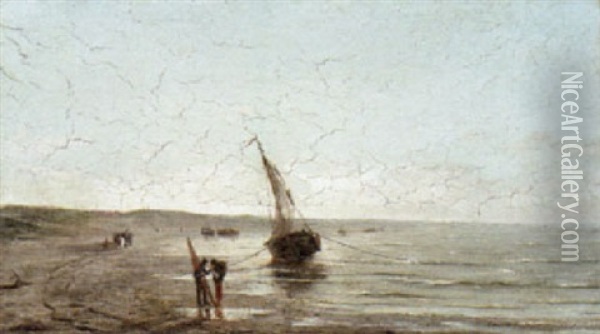 Fisherfolk On Shore Oil Painting - Edward Antoon Portielje