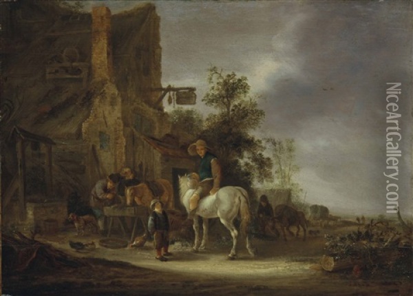 A Horseman Halting At An Inn, With A Landscape Beyond Oil Painting - Isaac Van Ostade