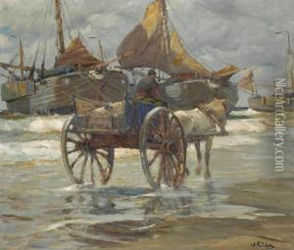 A Horse Cart Near The Surf Oil Painting - William Frederick Ritschel