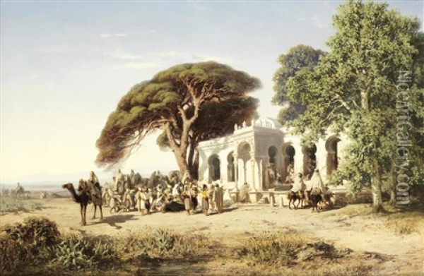 A Rest In The Desert, Algeria Oil Painting - Vincent Joseph Francois Courdouan
