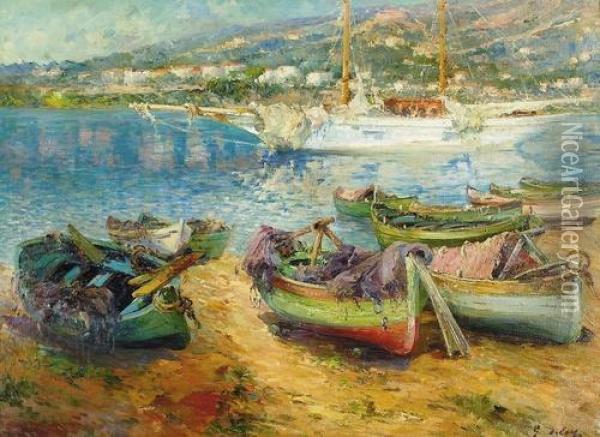 Fischerboote An Einem Strand Der Cote D'azur. Oil Painting - Georges B. Leroy