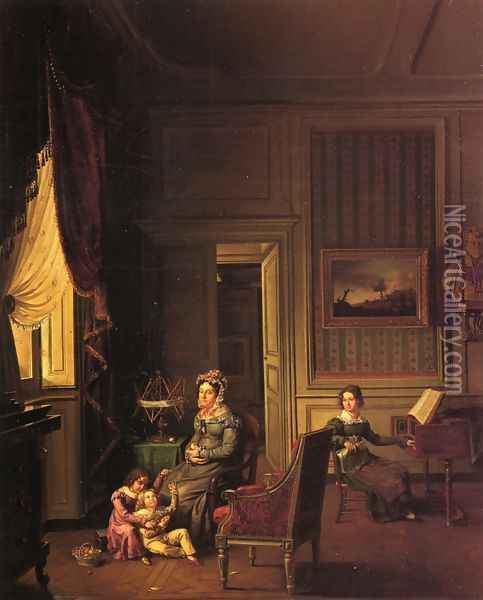 Madame de Vaugelas, Marquise de Marniolas and Her Children in an Interior Oil Painting - Michel Philebert Genod