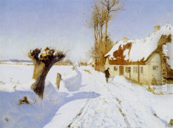 Vinterdag I Landsbyen, En Mand Taler Med En Kone I Halvdor Oil Painting - Hans Andersen Brendekilde