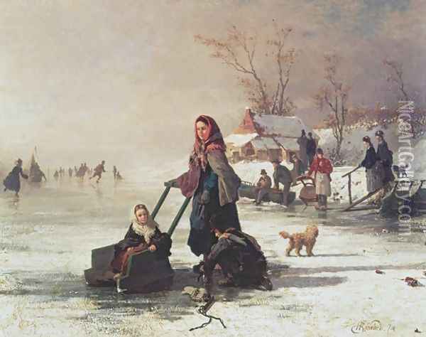 Skaters on a Frozen Canal Oil Painting - Henri van Seben