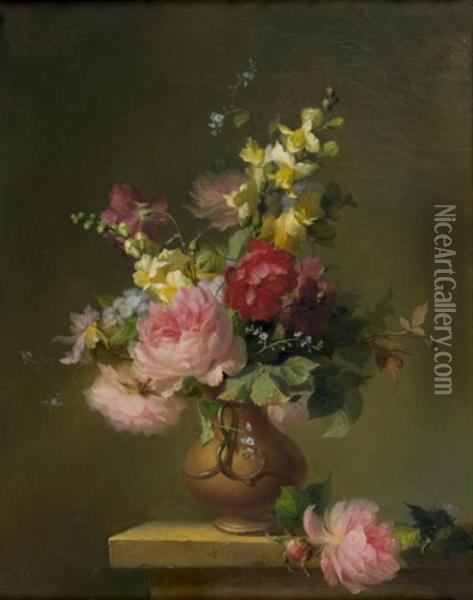 Bouquet De Roses Et Divers Fleurs Dans Un Vase Pose Sur Unentablement Oil Painting - Francois Rivoire