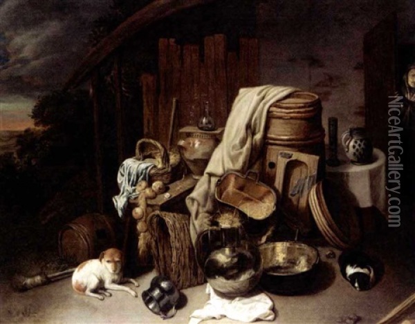 Still Life With Kitchen Utensils, Vegetables And A Dog And A Cat Oil Painting - David Ryckaert III