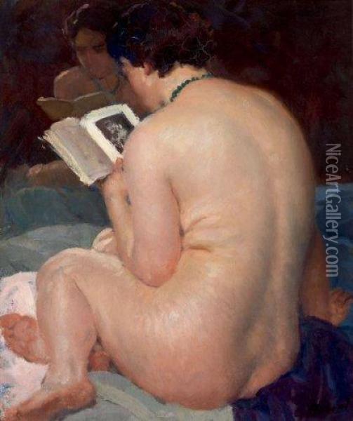 Jeune Femme De Dos Lisant Un Livre Face A Un Miroir Oil Painting - Louis-Francois Biloul