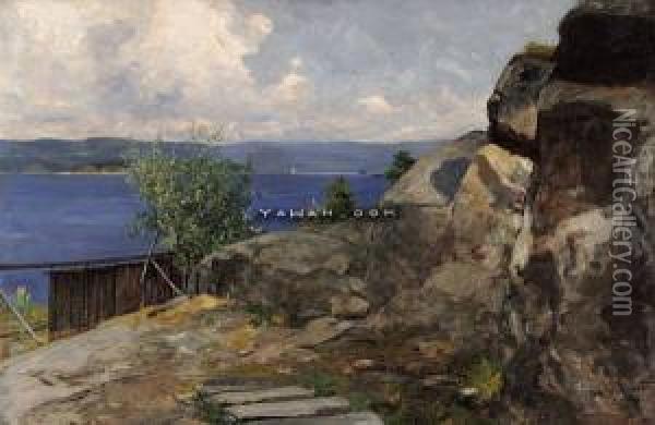 Fjordlandskap I Solskinn Olje Pa Lerret Oil Painting - Oscar Wergeland
