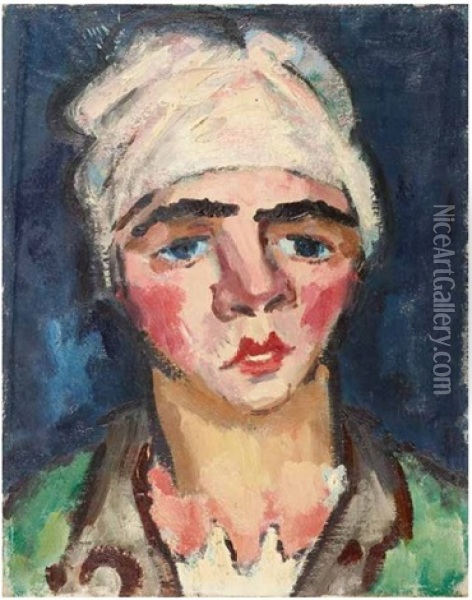 Expressives Frauenportrait Mit Turban; Verso: Berliner Atelier Des Kunstlers Oil Painting - Rudolf Wacker