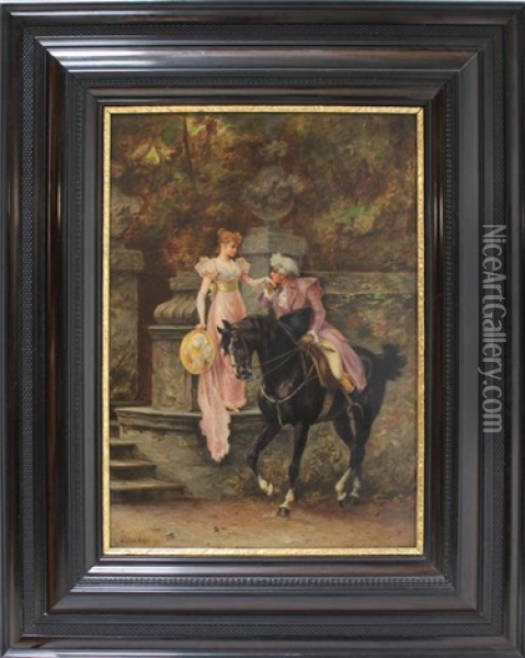 Kavalier Zu Pferd, Eine Dame Mit Handkuss Begrusend Oil Painting - Karl Gampenrieder