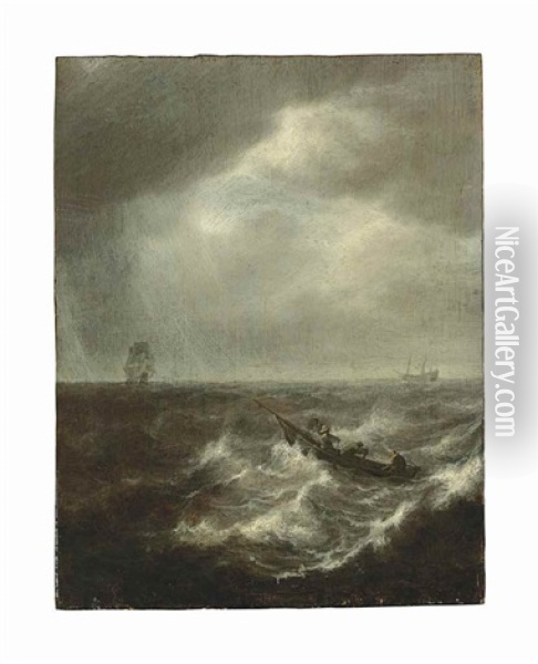A Seascape With Figures In A Boat In Stormy Waters, Two Men-of-war Beyond Oil Painting - Arnoldus van Anthonissen