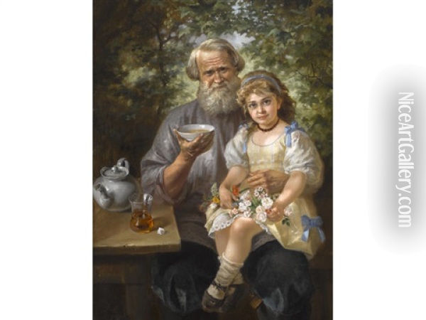 Drinking Tea With Grandfather Oil Painting - Alexey Ivanovich Trankovskii