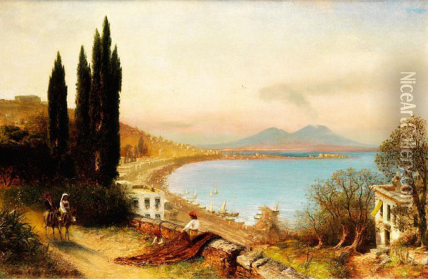 Blick Uber Den Golf Von Neapel Gegen Den Rauchenden Vesuv Oil Painting - Albert Arnz