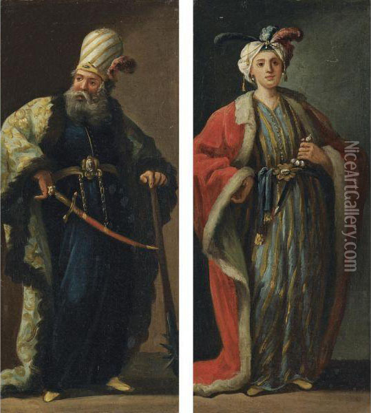A Pair Of Figures, Full-length, Dressed A La Turque Oil Painting - Jean Barbault