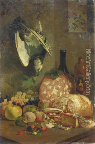 Natura Morta Con Frutta, Cacciagione, Bottiglie, Caramelle, Pane E Mortadella Oil Painting - Giuseppe Bortignoni