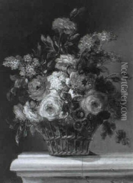 Bouquet De Fleurs Dans Une Corbeille, Sur Un Entablement Oil Painting - Louis Vidal