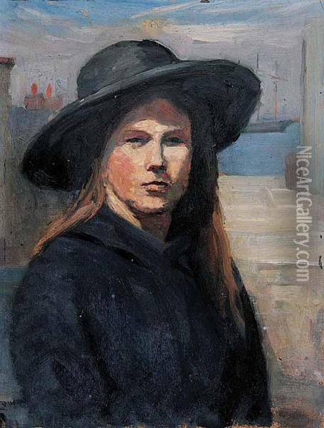 Untitled - Lady With The Black Fedora Oil Painting - Edward S. Lowe