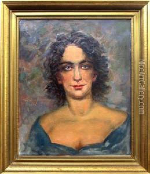 Portret Zeny V Modre Halence Oil Painting - Frantisek Myslivec