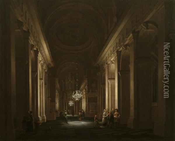A Classical Church Interior With Elegant Figures Conversing Bycandlelight Oil Painting - Daniel de Blieck