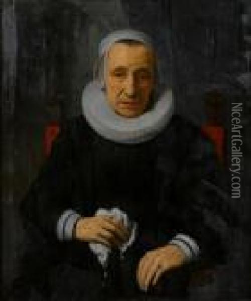 Portrait Of An Elderly Lady, 
Seated,three-quarter-length In Black Costume With A White Ruff And A 
Lacecap Oil Painting - Gerbrand Van Den Eeckhout