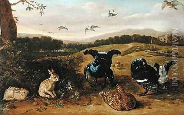 Black game rabbits and swallows in a park Oil Painting - Leonard Knyff