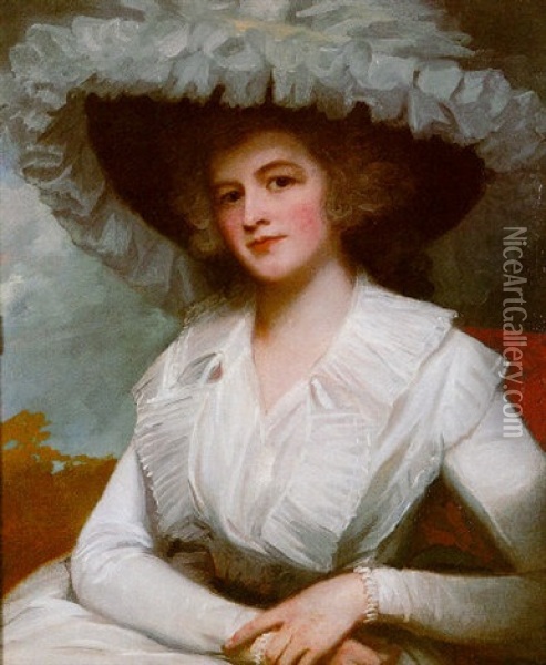 Portrait Of Elizabeth, Lady Forbes Wearing A White Dress, With A Black Hat Trimmed With White Lace Oil Painting - George Romney