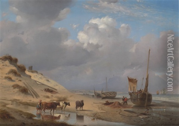 Dutch Coast With Cattle And Ships At Low Tide Oil Painting - Alexandre Thomas Francia