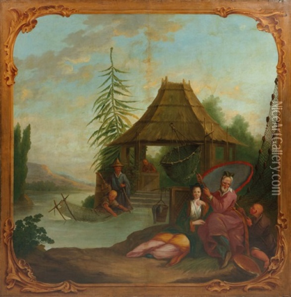 La Peche Au Bord De L'etang (+ Le Repos Au Bord De Letang; Pair) Oil Painting - Jean-Baptiste Leprince