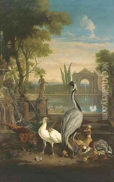 A Demoiselle crane, a pheasant, a duck and other birds in an Italianate garden with a lake Oil Painting - Pieter Casteels