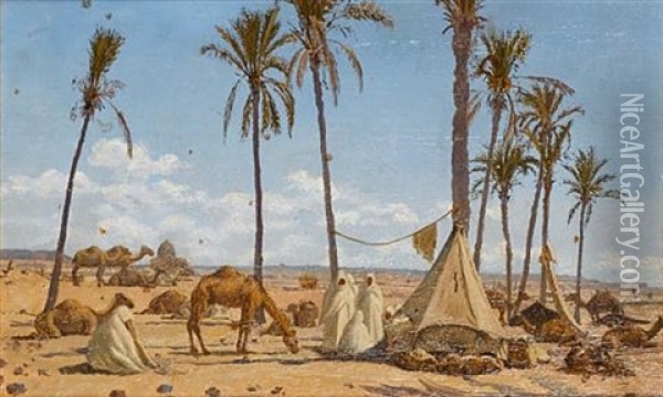 Arab Camp (+ Desert Landscape; Pair) Oil Painting - Charles Theodore (Frere Bey) Frere
