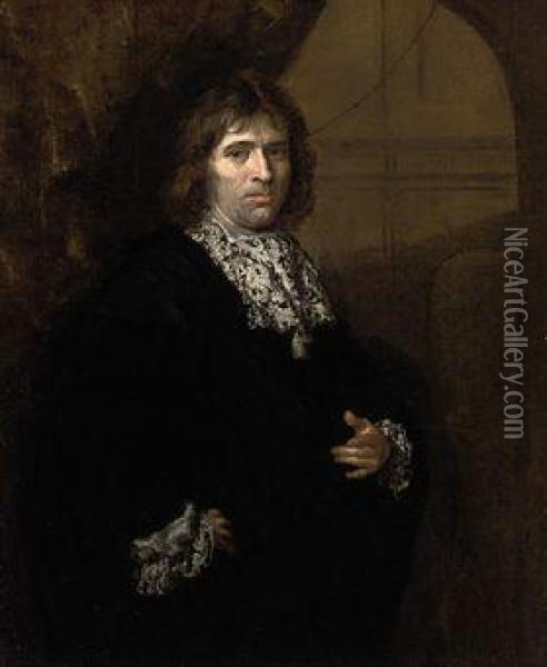 Portrait Of A Gentleman, Half-length, In Black, Under An Arch Oil Painting - Caspar Netscher
