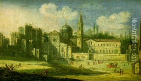 A View Of The Piazza Del Popolo, Rome, With The Church Of Santa Maria Del Popolo Oil Painting - Giacomo van (Monsu Studio) Lint