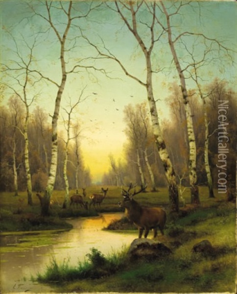 Elk In The Forest At Dawn Oil Painting - Efim A. Tikhmenev