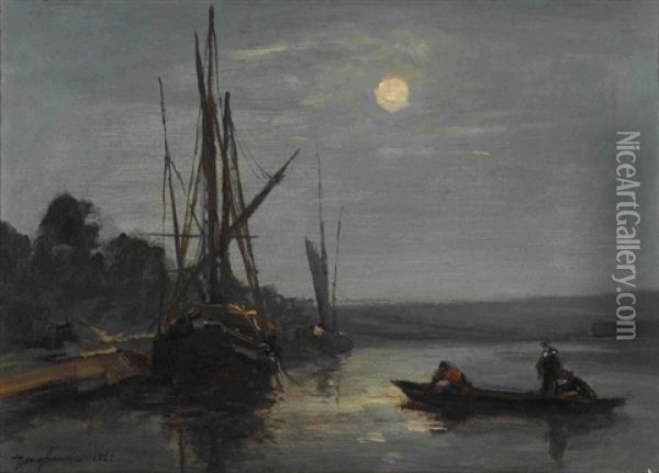Kanallandschaft Mit Segelbooten Im Mondlicht Oil Painting - Johan Barthold Jongkind