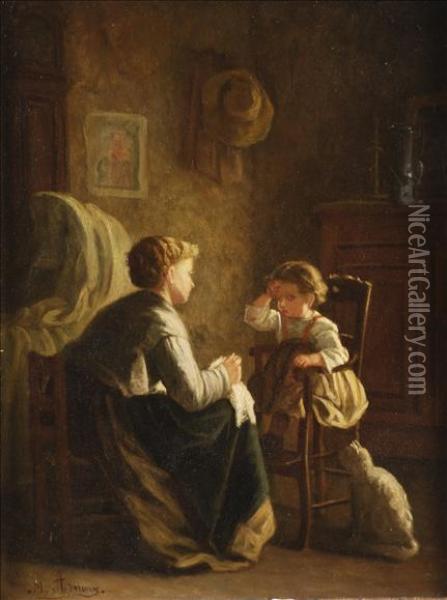 A Mother And Childin An Interior Oil Painting - Michel Arnoux