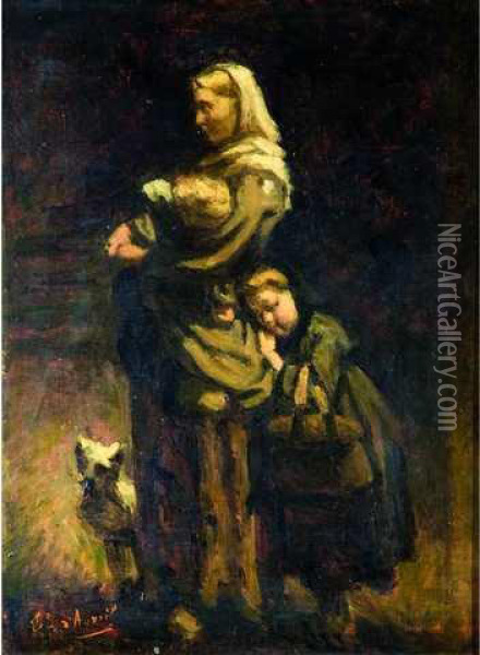 Une Mere, Ses Deux Enfants Et Le Petit Chien Oil Painting - Edouard D' Apvril